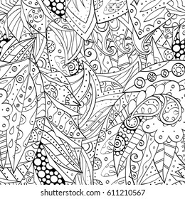 Tracery seamless pattern. Mehndi design. Ethnic monochrome binary doodle texture. Curved doodling black and white background. Vector