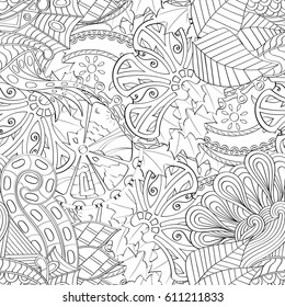 Tracery seamless pattern. Mehndi design. Ethnic monochrome binary doodle texture. Curved doodling black and white background. Vector
