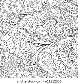 Tracery seamless pattern. Mehndi design. Ethnic monochrome binary doodle texture. Curved doodling black and white background. Vector