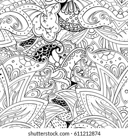 Tracery seamless pattern. Mehndi design. Ethnic monochrome binary doodle texture. Curved doodling black and white background. Vector