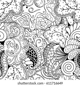 Tracery seamless pattern. Mehndi design. Ethnic monochrome binary doodle texture. Curved doodling black and white background. Vector