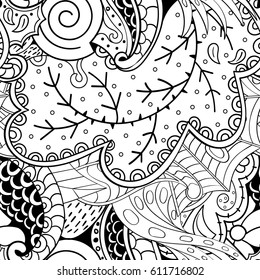 Tracery seamless pattern. Mehndi design. Ethnic monochrome binary doodle texture. Curved doodling black and white background. Vector
