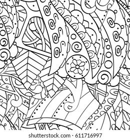 Tracery seamless pattern. Mehndi design. Ethnic monochrome binary doodle texture. Curved doodling black and white background. Vector