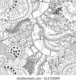 Tracery seamless pattern. Mehndi design. Ethnic monochrome binary doodle texture. Curved doodling black and white background. Vector