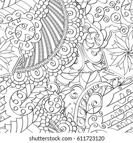 Tracery seamless pattern. Mehndi design. Ethnic monochrome binary doodle texture. Curved doodling black and white background. Vector