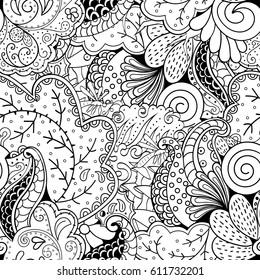 Tracery seamless pattern. Mehndi design. Ethnic monochrome binary doodle texture. Curved doodling black and white background. Vector