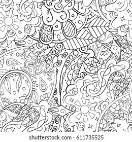 Tracery seamless pattern. Mehndi design. Ethnic monochrome binary doodle texture. Curved doodling black and white background. Vector