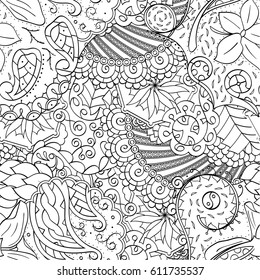 Tracery seamless pattern. Mehndi design. Ethnic monochrome binary doodle texture. Curved doodling black and white background. Vector