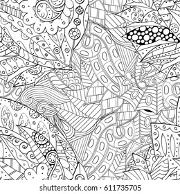 Tracery seamless pattern. Mehndi design. Ethnic monochrome binary doodle texture. Curved doodling black and white background. Vector
