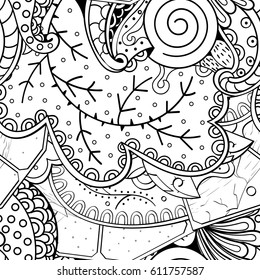 Tracery seamless pattern. Mehndi design. Ethnic monochrome binary doodle texture. Curved doodling black and white background. Vector