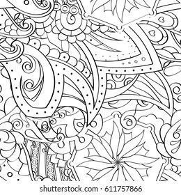 Tracery seamless pattern. Mehndi design. Ethnic monochrome binary doodle texture. Curved doodling black and white background. Vector