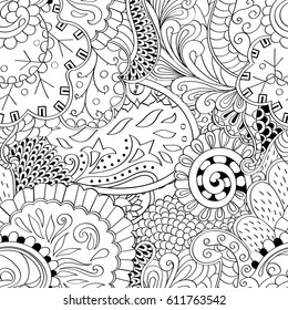 Tracery seamless pattern. Mehndi design. Ethnic monochrome binary doodle texture. Curved doodling black and white background. Vector