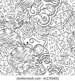 Tracery seamless pattern. Mehndi design. Ethnic monochrome binary doodle texture. Curved doodling black and white background. Vector