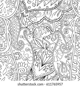 Tracery seamless pattern. Mehndi design. Ethnic monochrome binary doodle texture. Curved doodling black and white background. Vector