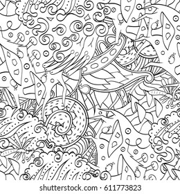Tracery seamless pattern. Mehndi design. Ethnic monochrome binary doodle texture. Curved doodling black and white background. Vector