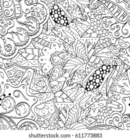 Tracery seamless pattern. Mehndi design. Ethnic monochrome binary doodle texture. Curved doodling black and white background. Vector