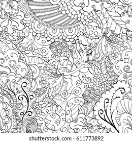 Tracery seamless pattern. Mehndi design. Ethnic monochrome binary doodle texture. Curved doodling black and white background. Vector