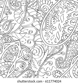 Tracery seamless pattern. Mehndi design. Ethnic monochrome binary doodle texture. Curved doodling black and white background. Vector