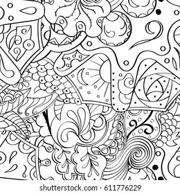 Tracery seamless pattern. Mehndi design. Ethnic monochrome binary doodle texture. Curved doodling black and white background. Vector