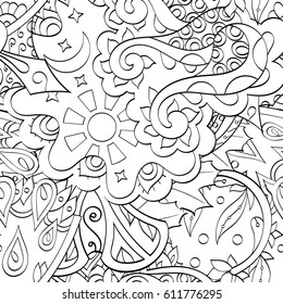 Tracery seamless pattern. Mehndi design. Ethnic monochrome binary doodle texture. Curved doodling black and white background. Vector