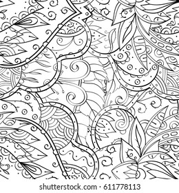 Tracery seamless pattern. Mehndi design. Ethnic monochrome binary doodle texture. Curved doodling black and white background. Vector