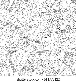 Tracery seamless pattern. Mehndi design. Ethnic monochrome binary doodle texture. Curved doodling black and white background. Vector