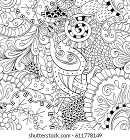 Tracery seamless pattern. Mehndi design. Ethnic monochrome binary doodle texture. Curved doodling black and white background. Vector