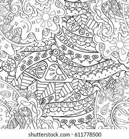 Tracery seamless pattern. Mehndi design. Ethnic monochrome binary doodle texture. Curved doodling black and white background. Vector