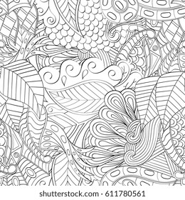 Tracery seamless pattern. Mehndi design. Ethnic monochrome binary doodle texture. Curved doodling black and white background. Vector