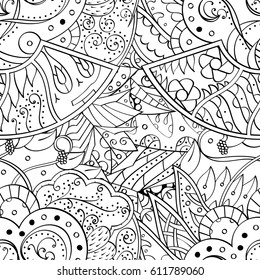 Tracery seamless pattern. Mehndi design. Ethnic monochrome binary doodle texture. Curved doodling black and white background. Vector