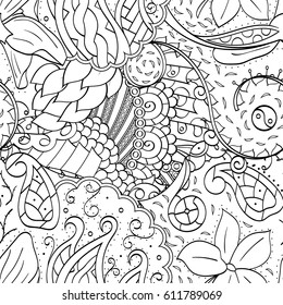 Tracery seamless pattern. Mehndi design. Ethnic monochrome binary doodle texture. Curved doodling black and white background. Vector