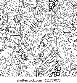 Tracery seamless pattern. Mehndi design. Ethnic monochrome binary doodle texture. Curved doodling black and white background. Vector