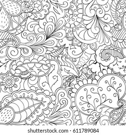 Tracery seamless pattern. Mehndi design. Ethnic monochrome binary doodle texture. Curved doodling black and white background. Vector