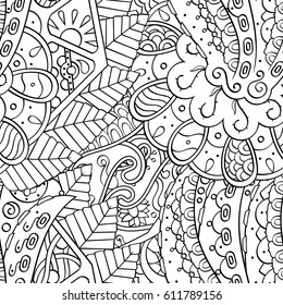 Tracery seamless pattern. Mehndi design. Ethnic monochrome binary doodle texture. Curved doodling black and white background. Vector