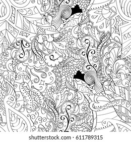 Tracery seamless pattern. Mehndi design. Ethnic monochrome binary doodle texture. Curved doodling black and white background. Vector