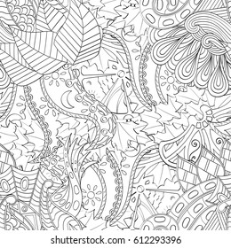 Tracery seamless pattern. Mehndi design. Ethnic monochrome binary doodle texture. Curved doodling black and white background. Vector