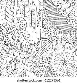 Tracery seamless pattern. Mehndi design. Ethnic monochrome binary doodle texture. Curved doodling black and white background. Vector
