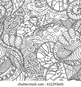 Tracery seamless pattern. Mehndi design. Ethnic monochrome binary doodle texture. Curved doodling black and white background. Vector