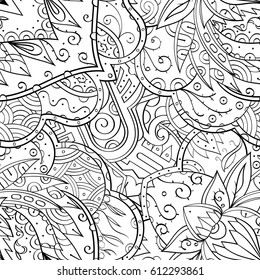 Tracery seamless pattern. Mehndi design. Ethnic monochrome binary doodle texture. Curved doodling black and white background. Vector