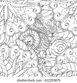 Tracery seamless pattern. Mehndi design. Ethnic monochrome binary doodle texture. Curved doodling black and white background. Vector