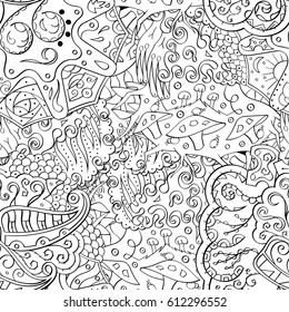 Tracery seamless pattern. Mehndi design. Ethnic monochrome binary doodle texture. Curved doodling black and white background. Vector