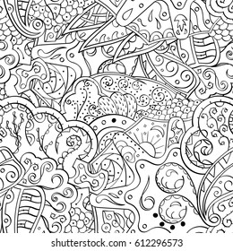 Tracery seamless pattern. Mehndi design. Ethnic monochrome binary doodle texture. Curved doodling black and white background. Vector