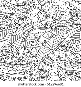 Tracery seamless pattern. Mehndi design. Ethnic monochrome binary doodle texture. Curved doodling black and white background. Vector