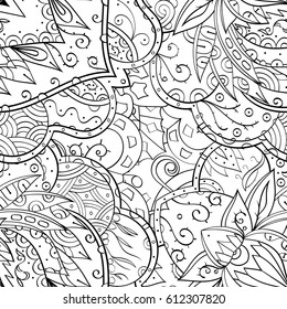 Tracery seamless pattern. Mehndi design. Ethnic monochrome binary doodle texture. Curved doodling black and white background. Vector