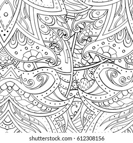 Tracery seamless pattern. Mehndi design. Ethnic monochrome binary doodle texture. Curved doodling black and white background. Vector
