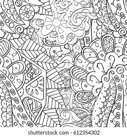 Tracery seamless pattern. Mehndi design. Ethnic monochrome binary doodle texture. Curved doodling black and white background. Vector