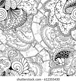 Tracery seamless pattern. Mehndi design. Ethnic monochrome binary doodle texture. Curved doodling black and white background. Vector