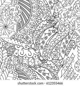 Tracery seamless pattern. Mehndi design. Ethnic monochrome binary doodle texture. Curved doodling black and white background. Vector