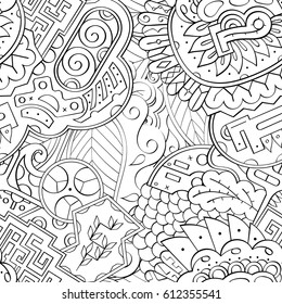 Tracery seamless pattern. Mehndi design. Ethnic monochrome binary doodle texture. Curved doodling black and white background. Vector