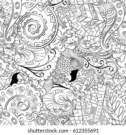 Tracery seamless pattern. Mehndi design. Ethnic monochrome binary doodle texture. Curved doodling black and white background. Vector